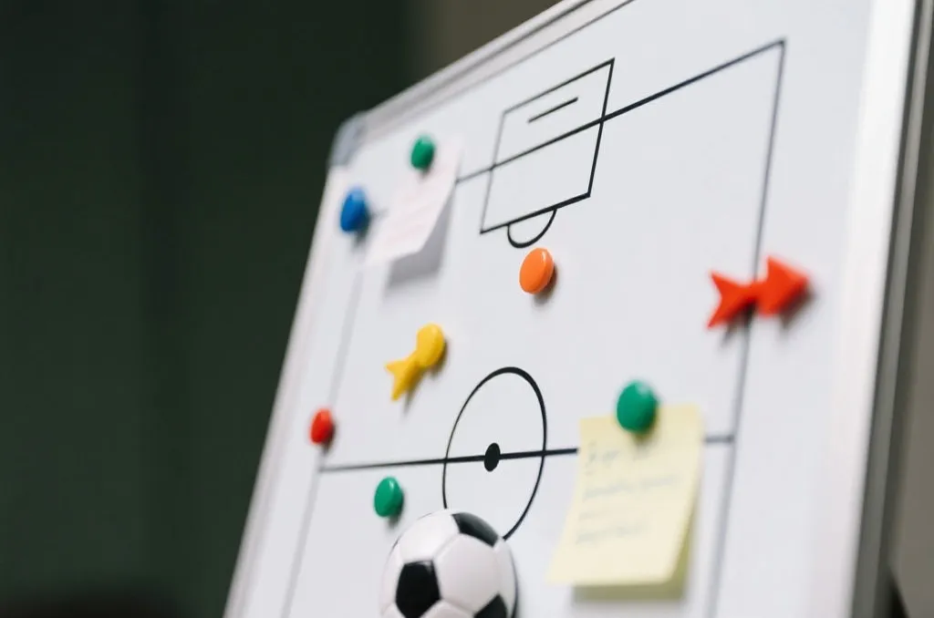 Tactical soccer board with generic game strategy diagrams and notes